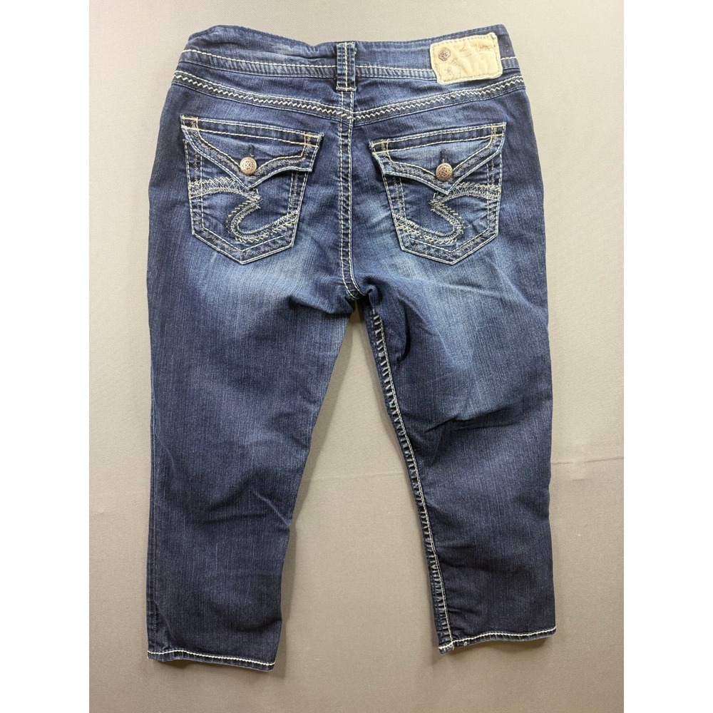 Silver Jeans Co Suki Flap Capri Womens Blue Dark Wash Contrast Stitch 29